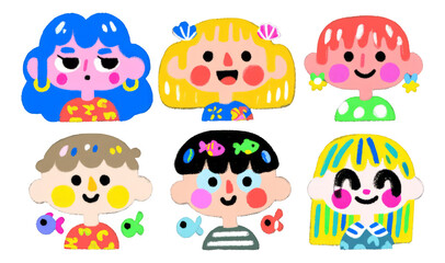 Fototapeta premium Colorful Cartoon Characters with Playful Expressions and Unique Hairstyles