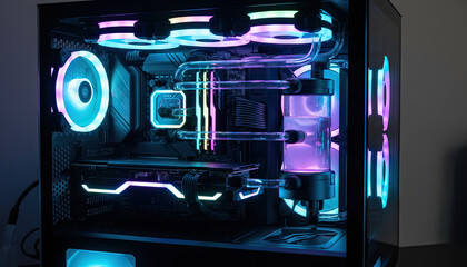 Close-up of a high-performance gaming desktop computer featuring a custom liquid cooling system and dazzling multicolor LED illumination