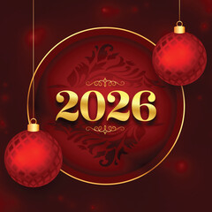 Festive Golden 2026 Typography with Red Background and Hanging Ornament Balls