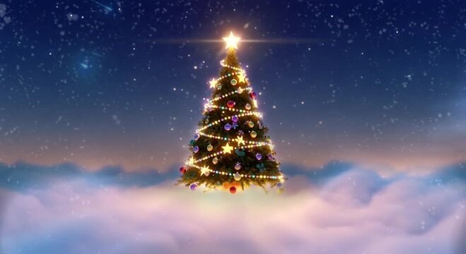 Christmas tree on the cloud with snow at night