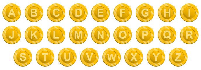 Glossy Golden Coin Alphabet Initial Letter Icon for Game or Education