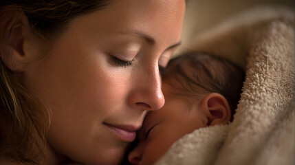 Mother and Baby: An intimate close-up of a mother and newborn baby, radiating love and serenity as they share a tender moment, a celebration of new life and the bond between them.