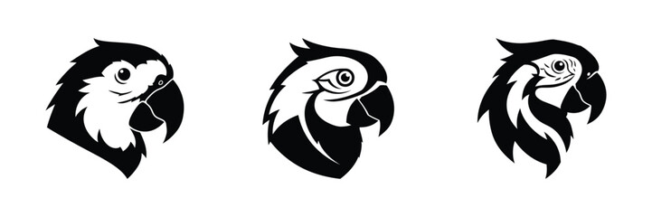 Collection of three unique stylized parrot head vector illustrations, perfect for creative branding and diverse design projects