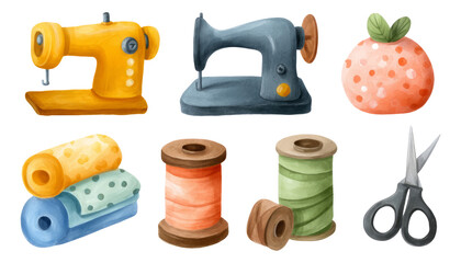 Colorful Sewing Tools and Accessories Illustrated on Transparent Background
