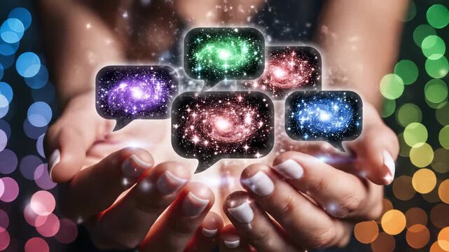Woman's hands holding glowing speech bubbles filled with cosmos on colorful bokeh background, concept for innovative communication, digital transformation and knowledge sharing