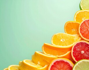 A vibrant assortment of freshly sliced citrus fruits stacked in smooth terraced contours, creating a colorful abstract food background with copy space