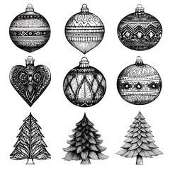 Obraz premium Collection of hand drawn Christmas ornaments and trees with intricate patterns in black and white on an isolated background for festive designs.