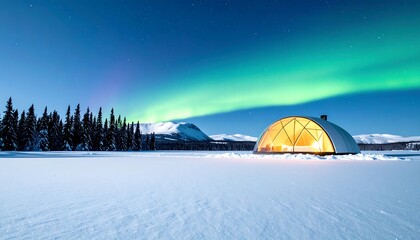 Luminous glass igloo on a vast snowy plain under the vibrant green curtains of the aurora borealis dancing across the night sky