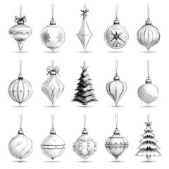 A collection of ornate sketched Christmas ornaments and small tree hang on display ready for the holiday decorating and seasonal celebration.