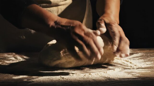 Close-up sequence of hands kneading dough on a floured wooden surface with warm lighting, concept for culinary arts, homemade baking and traditional bread making