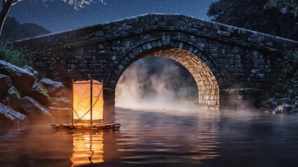 Floating paper lantern on river near stone bridge in foggy night under starry sky - Powered by Adobe