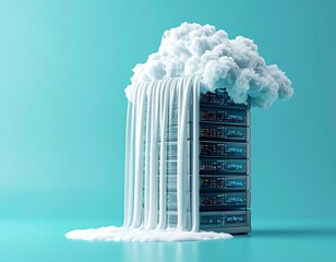 Dynamic cloud computing metaphor A fluffy cloud pours a silky data waterfall over stacked servers, symbolizing efficient storage and information flow
