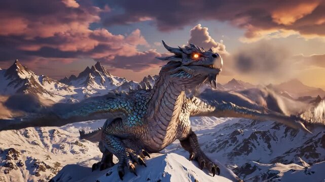 Majestic dragon with glowing eyes soaring over snowy mountain peaks at sunset, concept for fantasy illustration, adventure game backdrop and mythical creature designs