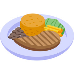 Isometric Meal With Grilled Steak Mashed Potatoes And Green Beans On A Blue Plate Against White Background