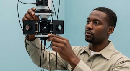 Focused technician adjusting advanced optical laboratory equipment with precision, young male engineer calibrating scientific device for research experiment in modern scientific workspace