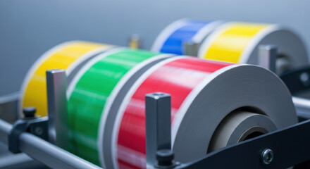 Colorful adhesive label rolls on industrial printing machine in modern packaging production facility with glossy red green blue and yellow materials