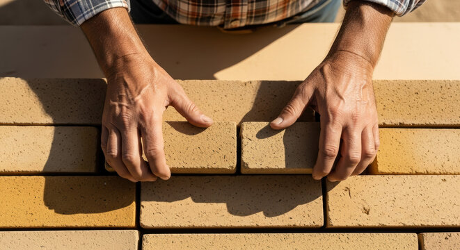 Careful construction worker arranging beige bricks in neat row on sunny day, closeup of strong hands aligning masonry blocks during outdoor building project
