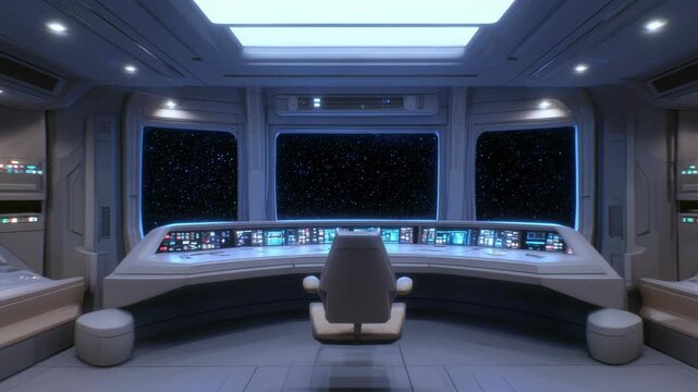 Futuristic spaceship bridge with sleek control panels and large viewing window into starry space scene