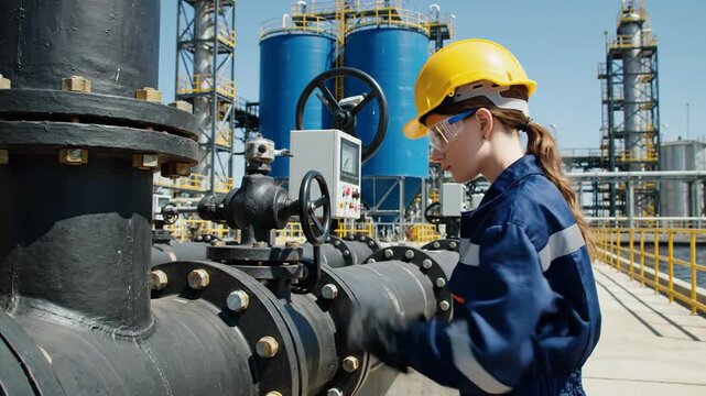Female engineer operating a massive industrial valve in a sprawling chemical processing plant.