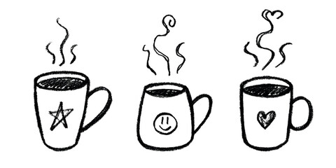 Set of cup of tea or coffee with rising steam Simple mug clipart Cozy home doodle Single element for print, web, design, decor