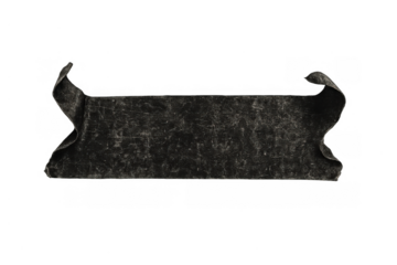 Distressed black textured ribbon banner with curled ends, providing a grunge label or scroll graphic element on transparent background