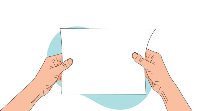 Two hands holding a blank white sheet of paper in front of a light blue background.