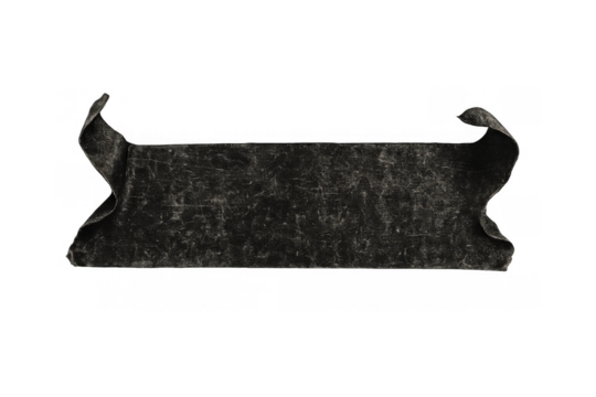 Distressed black textured ribbon banner with curled ends, providing a grunge label or scroll graphic element on transparent background