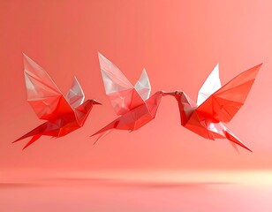 Crimson Origami Flock Low-Poly Bird Trio in Flight on a Radiant Peach Backdrop