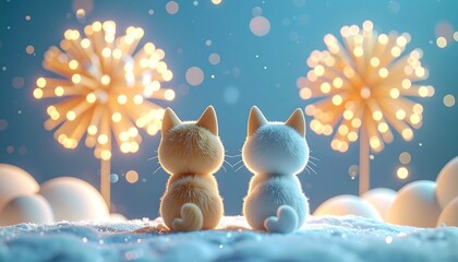 Two adorable fluffy cats, viewed from behind, sit in quiet contemplation, mesmerized by a magical display of soft, stylized fireworks, their golden bursts illuminating a dreamy, whimsical night scene
