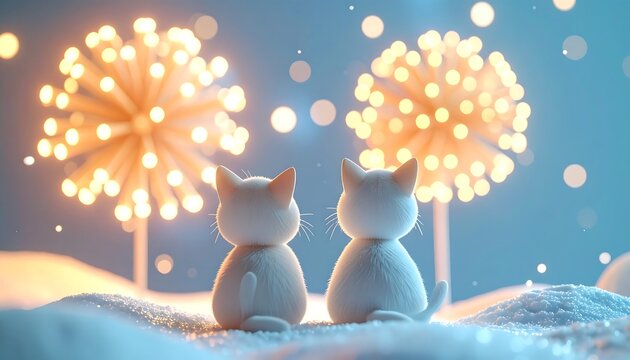 Two Cute Cats Admiring Fireworks A Magical Evening of Sparkles and Celebration