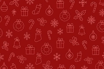 Seamless Christmas pattern with festive line icons on a red background, perfect for holiday designs and seasonal decorations.