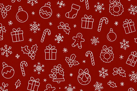 Seamless Christmas pattern with festive line icons on a red background, perfect for holiday designs and seasonal decorations. - Powered by Adobe