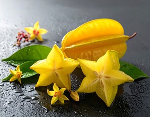 A cluster of fresh starfruit with leaves and water droplets