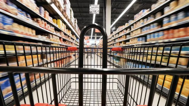 View through metal shopping cart, rows of grocery shelves blur with product variety, concept for retail promotion, consumer lifestyle, and essential shopping experience