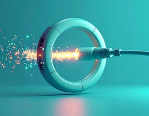 Circular digital gateway, glowing energy stream entering from a connected cable, symbolizing connection and data transfer