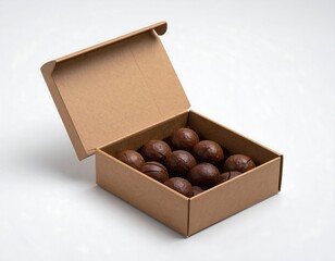 Box of brown nuts presented in an open, brown cardboard box