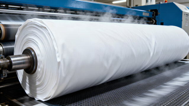 Large industrial ironing roller machine pressing a white bed sheet with steam in a textile factory