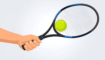 Cartoon illustration featuring a tennis racket held by a hand, poised to strike a vibrant yellow tennis ball, all against a neutral backdrop