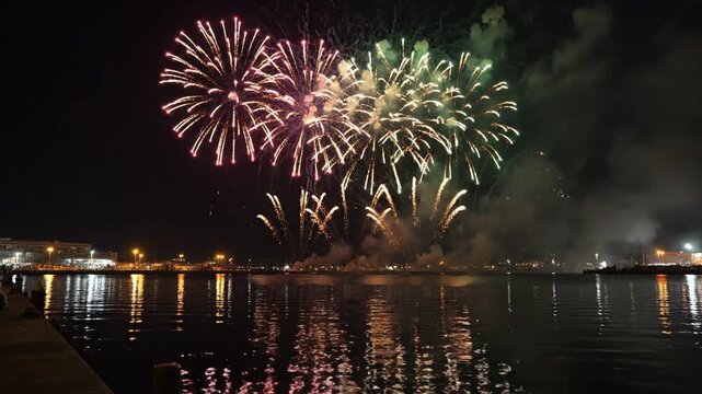 A dazzling display of fireworks explodes over the calm water of a harbor at night