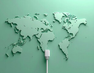 Conceptual 3D rendering of a mint green world map plugged into a power source, illustrating global energy and digital connection