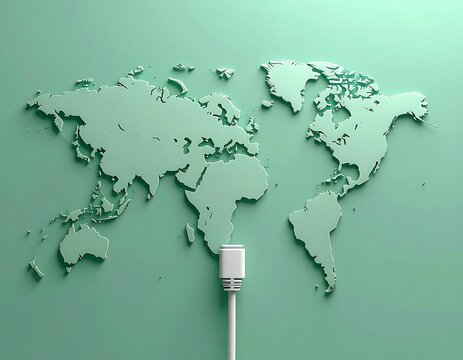 Conceptual 3D rendering of a mint green world map plugged into a power source, illustrating global energy and digital connection