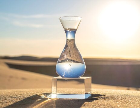 A conceptual hourglass containing precious water stands on a crystal pedestal in a vast, sun-drenched desert, symbolizing scarcity and time