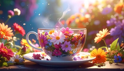 A floral tea cup with steam, surrounded by colorful blossoms