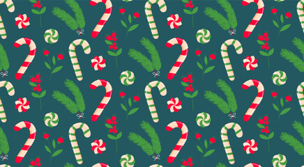 Seamless pattern featuring red and white candy canes, pine/fir branches, and small red berries/flowers on a dark teal/green background