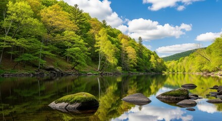 Serene forest river reflecting lush green trees under a sunny blue sky with clouds