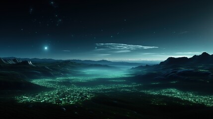 Digital art depicting night sky over green city in valley with distant view of dark mountains with lights on top creating fantasy world