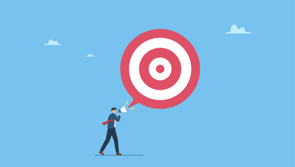 Businessman announce new goal or target with megaphone. Announce new year goal, resolution or business objective, target or purpose, motivation to success or challenge, business agenda.