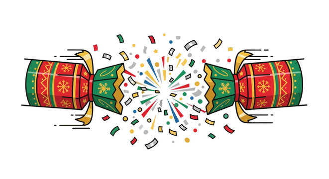 A festive Christmas cracker bursting with colorful confetti and streamers, symbolizing celebration and holiday cheer.