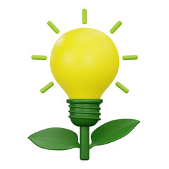 3D rendering of light bulb growing with green leaves for eco friendly innovation and sustainable idea concept