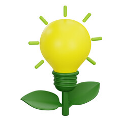 3D rendering of light bulb growing with green leaves for eco friendly innovation and sustainable idea concept
